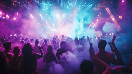 Photograph of people dancing in a dark club, laser lights shining on the crowd, smoke and fog, purple and blue lights, in the style of unsplash photography