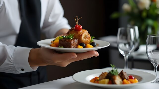 Contemporary culinary stylists arrange dishes for restaurant presentations. close-up of a fashionable meal. serving food in a restaurant. close-up of a waiter's hand bringing foo