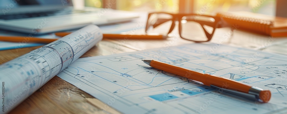 Poster busy engineer's desk with data analysis tools and blueprints spread out