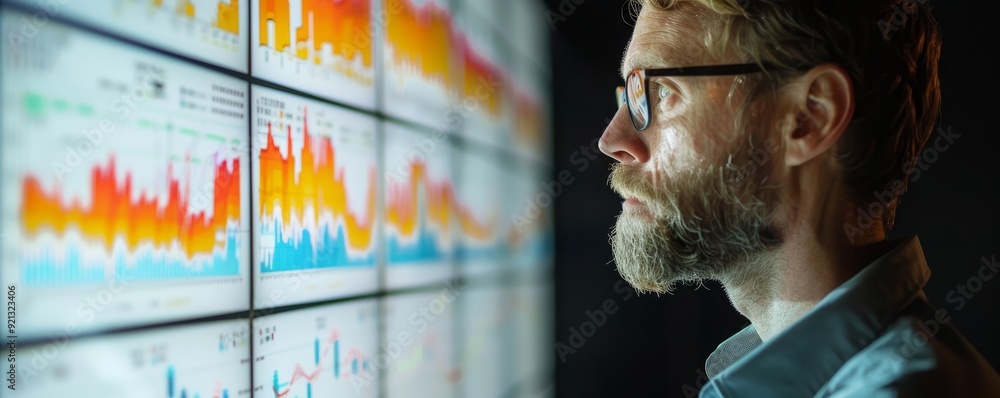 Poster engineering data analysis: complex plans and charts displayed on digital screen