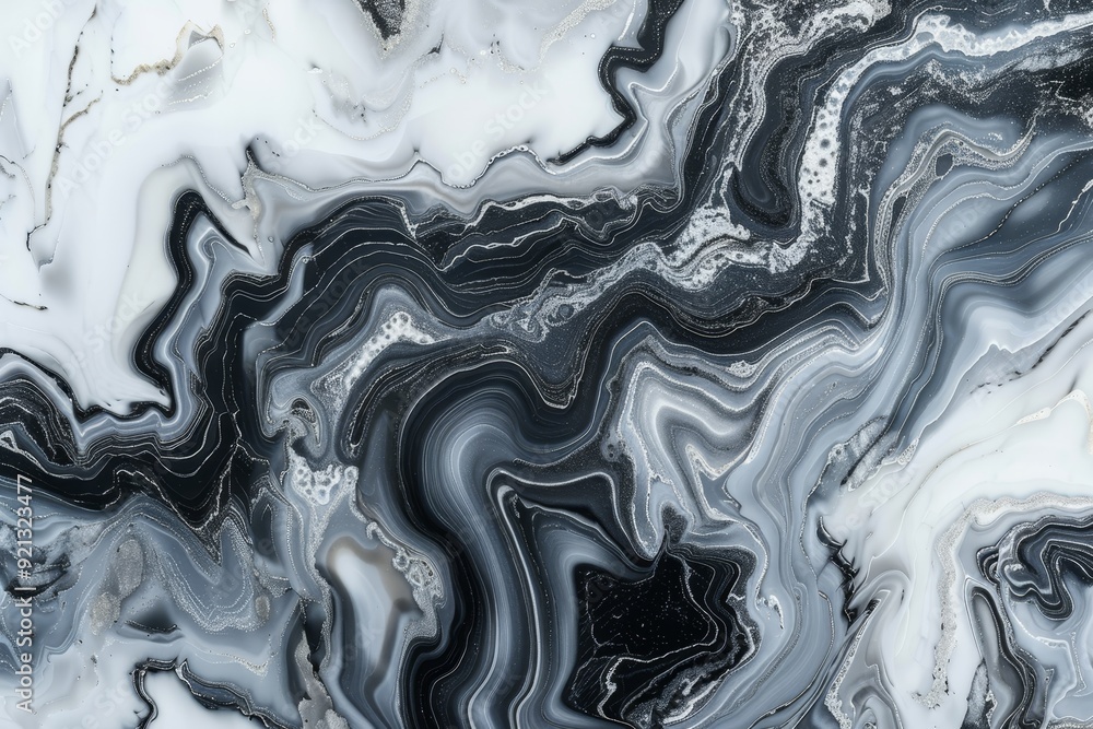 Poster close-up of intricate network of lines in a black and white marble texture, intricate network of lin