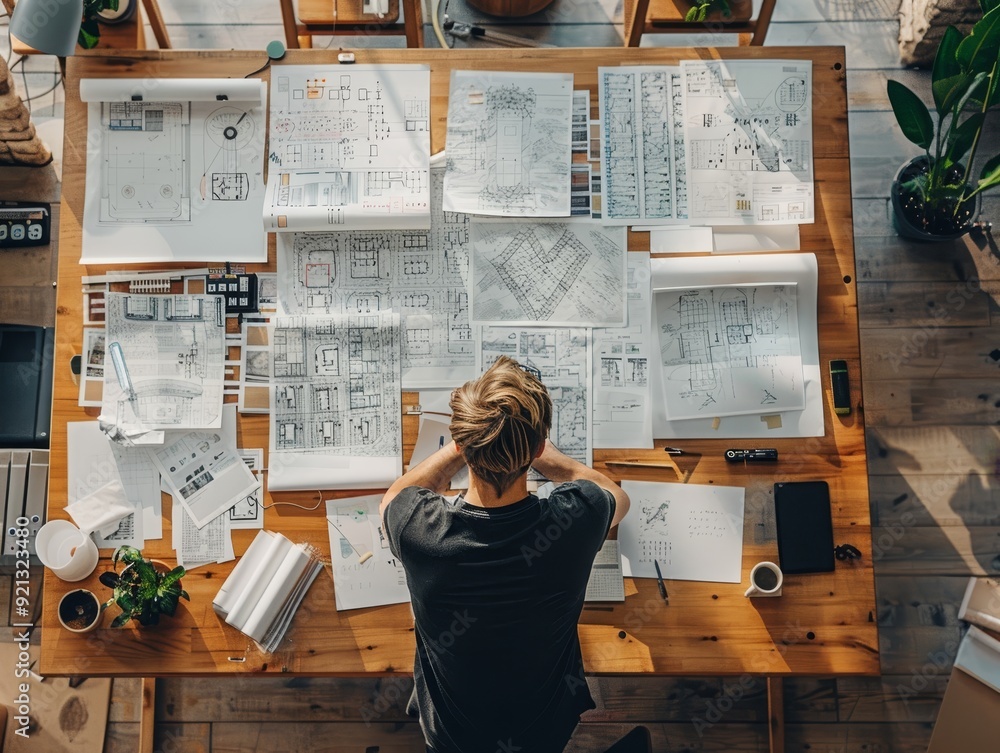 Poster innovative engineering: engineer integrating data into architectural plans in modern office