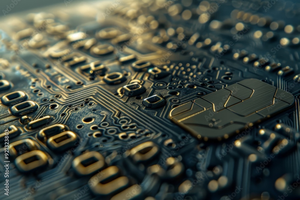 Poster detailed view of a computer chip mounted on a circuit board, showing intricate patterns of numbers a