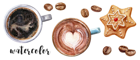 An Artistic Composition of Watercolor Illustrations Featuring Coffee and Delicious Pastries
