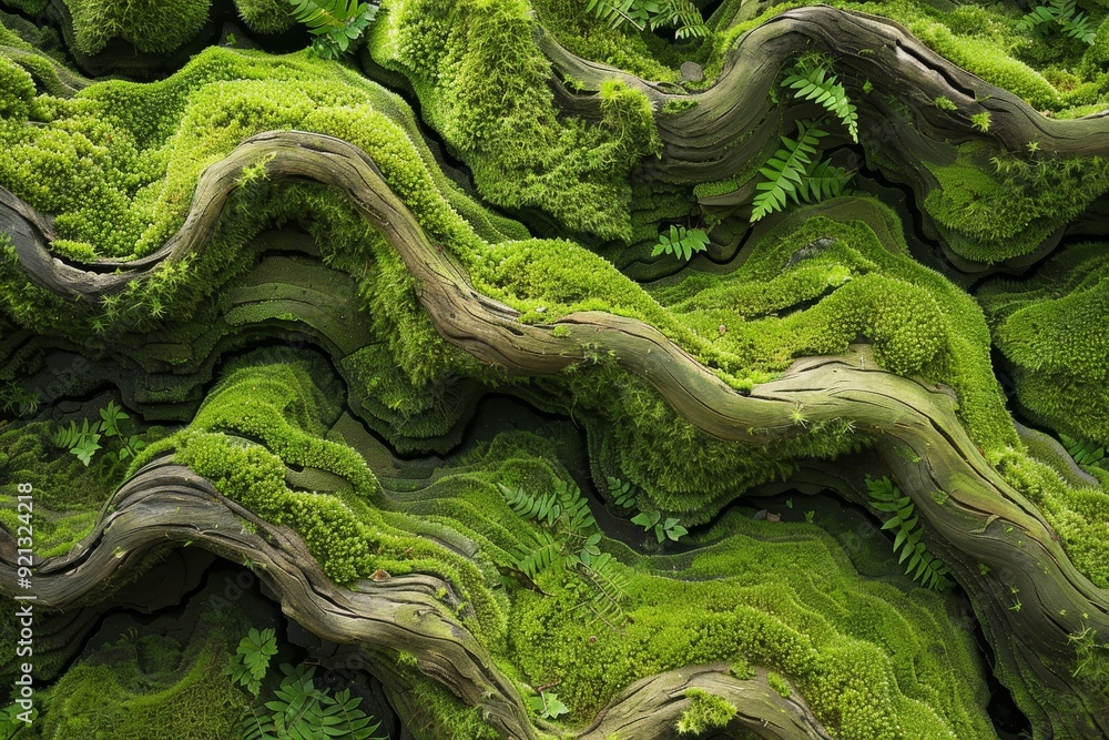 Poster detailed view of a tree completely covered in vivid green moss, showcasing intricate patterns and sh