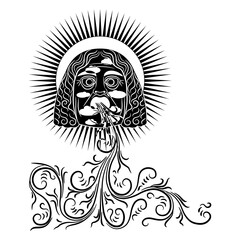 Head of antique god of heaven as sunny day blowing wind from his mouth. Creative concept. Black and white silhouette.