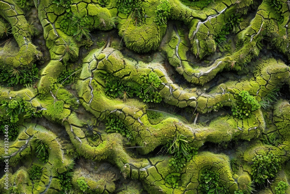 Poster detailed close up of a surface covered in vibrant green moss with intricate patterns and textures, i