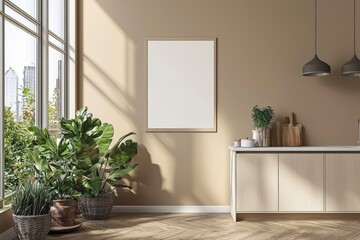 Minimalist Kitchen interior with Poster Mockup created with Generative AI