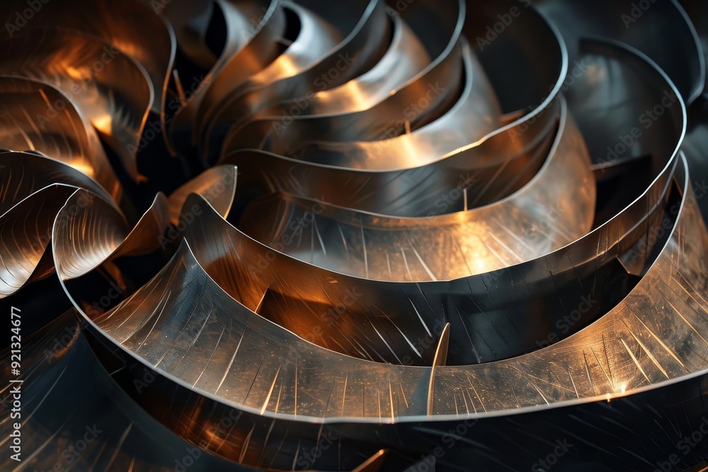 Poster detailed view of a metal spiral showing intricate patterns and textures, intricate patterns created 
