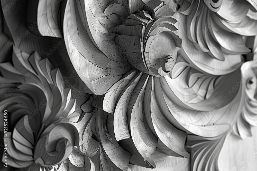 Poster black and white snapshot of a detailed decorative wall featuring intricate patterns and designs, int