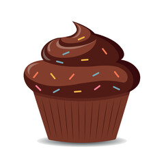 Chocolate cupcake with colorful sprinkles on a transparent background.