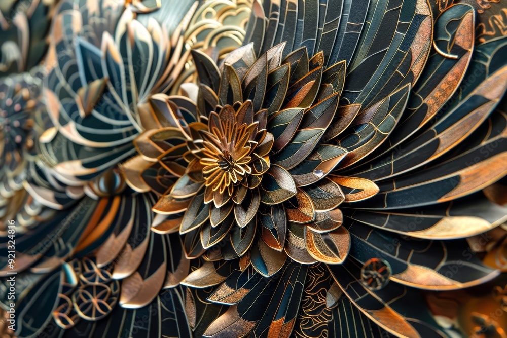 Poster intricate patterns formed by copper and various metals in a unique piece of art, intricate patterns 