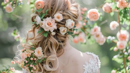 Romantic half-up style with cascading curls and fresh blooms.