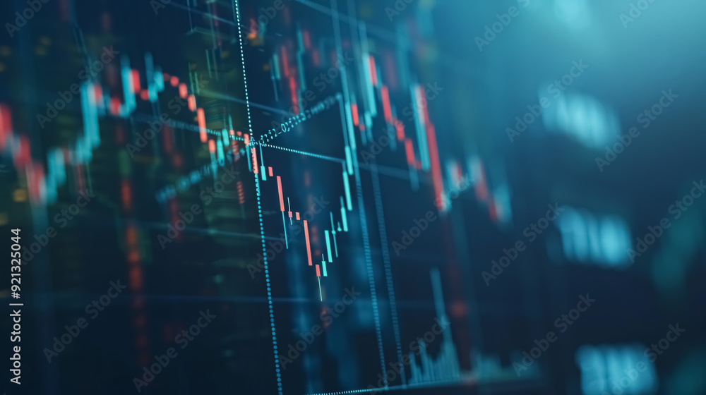 Poster close-up of a financial chart with an uptrend line and candlestick graph on a blue monitor