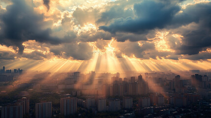 Obraz premium Sunny view of the city with impressive cloud formations through which the sun's rays penetrate.