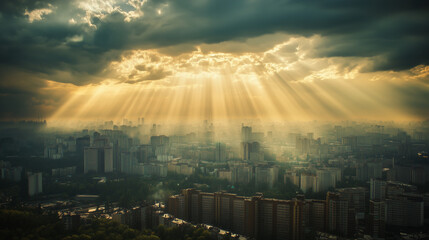 Sunny view of the city with impressive cloud formations through which the sun's rays penetrate.