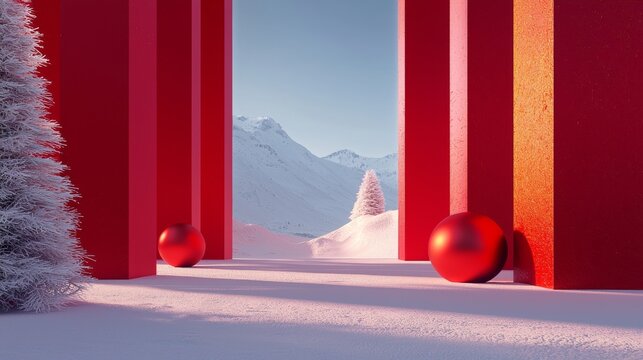 A magical Winter Wonderland featuring striking Red Structures and lovely Ornaments all around