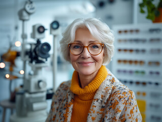 A senior woman wearing glasses smiles at the camera while sitting in an optometrist's office