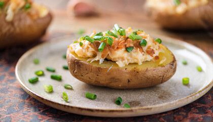 Baked potato topped with scallion in ceramic plate. Tasty food. Delicious meal for dinner.