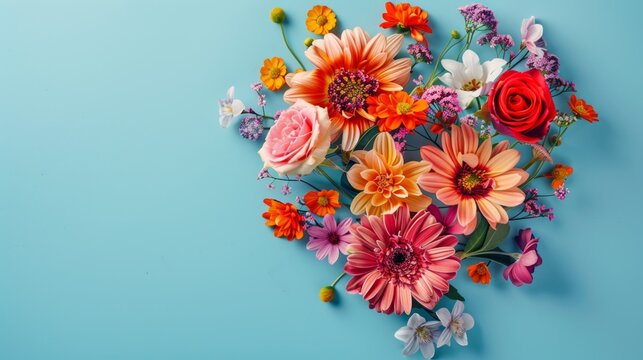 Top view arrangement of colorful flowers with heart shape placed on blue background