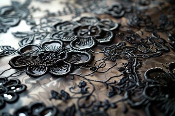 Detailed close-up of black lace fabric with intricate patterns and textures, Intricate patterns of black lace overlaying a glossy finish