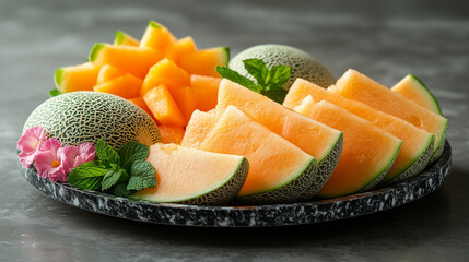 A plate of fresh and juicy melon slices with mint leaves