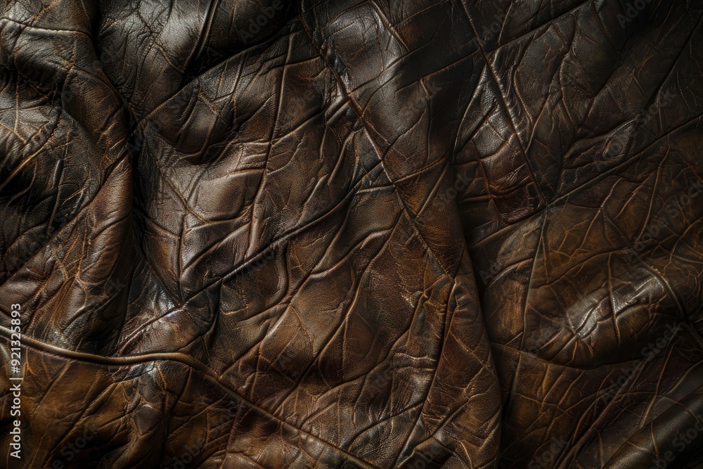 Poster close up view showcasing intricate patterns of creases and wrinkles on a brown leather surface, intr