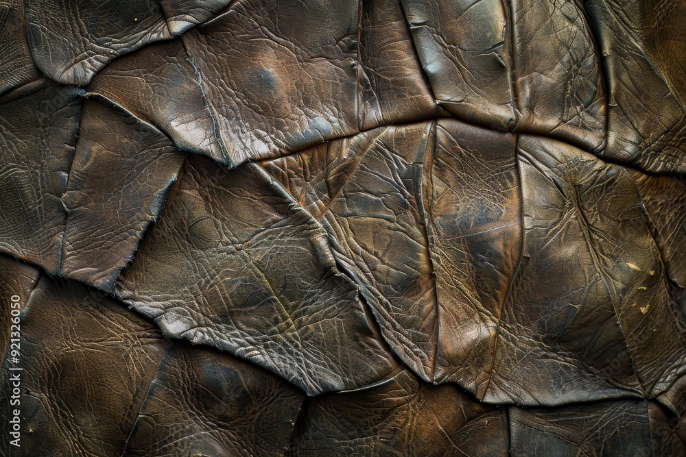 Poster detailed view of intricate patterns and textures on brown leather material, intricate patterns of cr