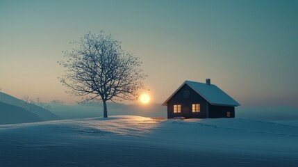 A Serene and Beautiful Winter Landscape Featuring a Cozy Cabin Bathed in Sunrise Light