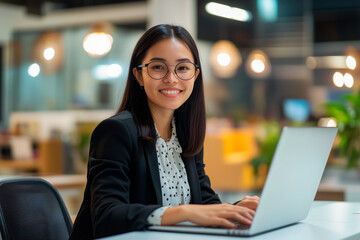 A confident Asian businesswoman with glasses, dressed in professional attire, smiling as she works on her laptop in a modern, well-lit office environment