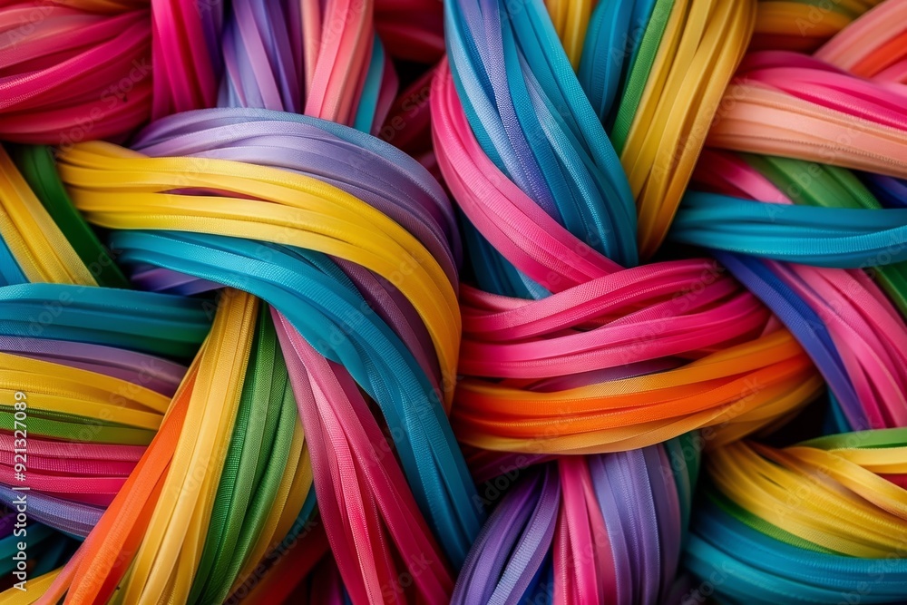 Poster Close up of a bunch of colorful ribbons with intricate rainbow stripes intertwined, Intricate patterns of rainbow stripes intertwining and overlapping