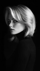 Naklejka premium A striking profile of a young woman glancing thoughtfully away from the camera