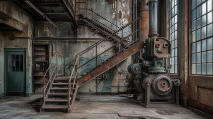 Industrial stairs inside a neglected building with heavy machinery and walls where paint is peeling off in large patches.