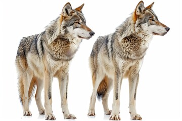 Obraz premium Gray Wolves. Grey Wolf Pair, Isolated on White Background. Wildlife Mammal Animals