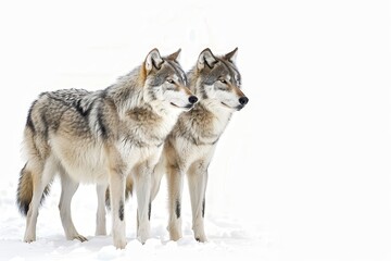 Obraz premium Gray Wolves. Pair of Grey Wolves in Isolated White Background. Animal Fauna Mammal Concept
