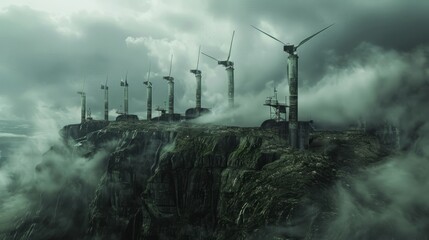 Fototapeta premium wind generators on a cloudy ridge