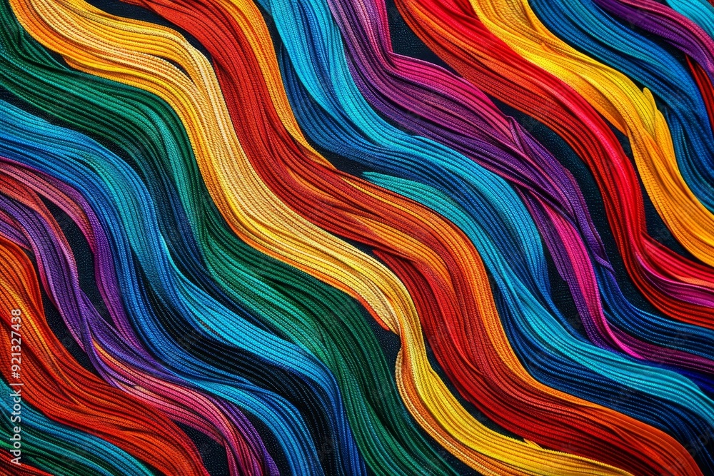 Poster intricate rainbow stripes with wavy patterns on a black surface, intricate patterns of rainbow strip