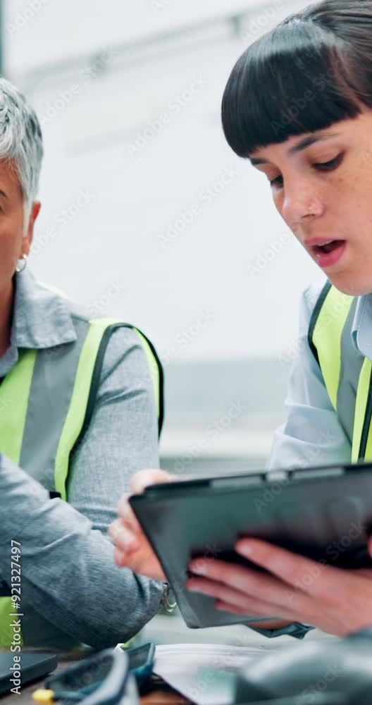 Aufkleber Thinking, tablet and planning of women, warehouse and programming of mechanical engineer with app. Discussion, mentor and teamwork in factory, mature person and instructions of information and online