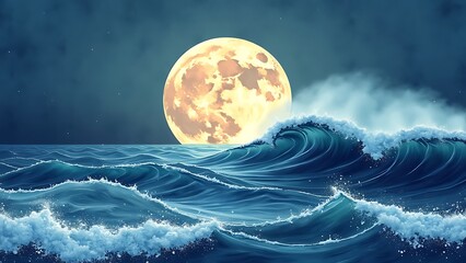 Ocean wave and the moon. Creative minimalist modern hand painted illustration. Abstract contemporary aesthetic backgrounds landscapes