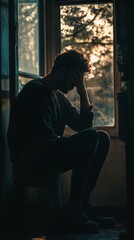 A person reflects deeply in quiet solitude, bathed in warm, fading light