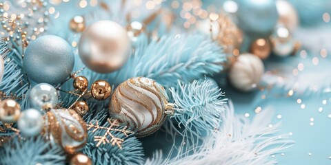Obraz premium Beautiful Christmas Decorations with Ostrich Feathers. Pastel Blue and Gold Festive Background
