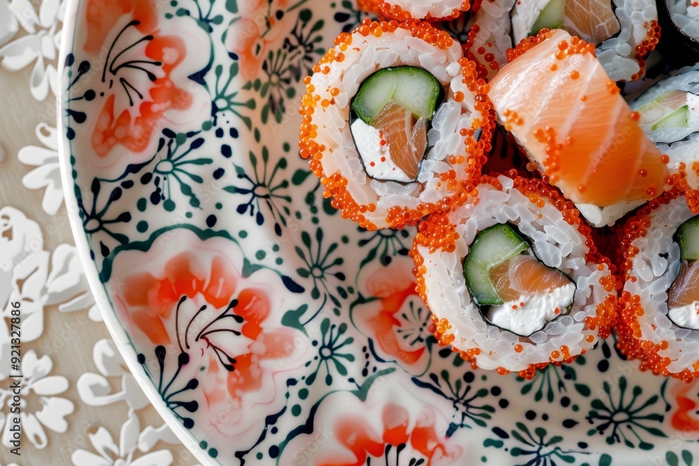 Poster a plate holding sushi rolls made with fresh salmon and crisp cucumber slices, intricate patterns of 