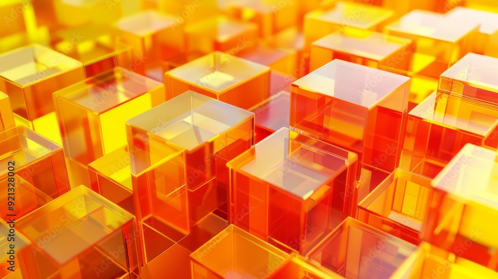 Poster orange and yellow, translucent blocks perfectly arranged to create a modern tech background.