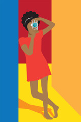 Casual young black woman taking a photo with a camera, poster colorful vector illustration