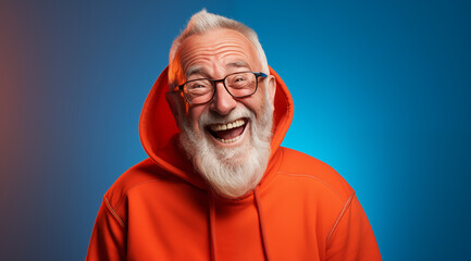 Obraz premium Portrait d'un homme senior avec des lunettes et une barbe portant un sweat à capuche orange sur un fond isolé bleu.