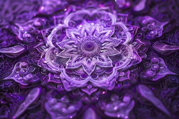 Close up view of a vibrant purple flower against a black backdrop, Intricate purple mandala designs...