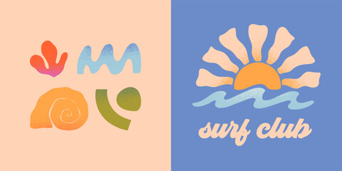 Naklejka premium Vector abstract summer beach,surf club emblems.Hand drawn seashell,organic forms,ocean waves,sun.Modern graphic in simple style for banners,smm,branding,covers,prints.Retro summer vacation aesthetic