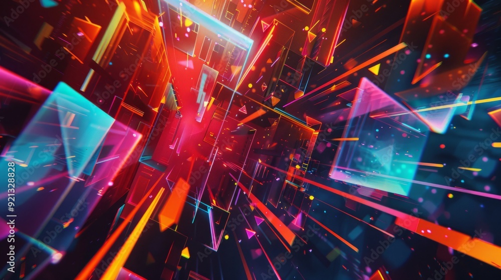 Poster abstract illustration of geometric shapes and structures in colorful neon colors and lights in cyber