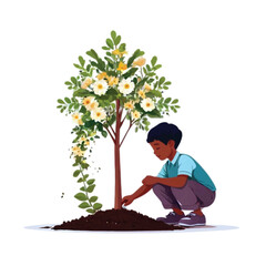 A boy is planting tree symbolizing the concept of saving our mother earth isolated on white vector illustrator 