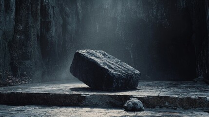 In a cave, a mysterious monolith stands tall, commanding attention and evoking curiosity